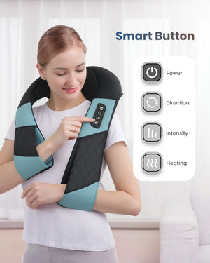 Smart-button control on Comfier massage chair pad: adjust shiatsu neck and back massager with heat intensity, direction & soothing heat