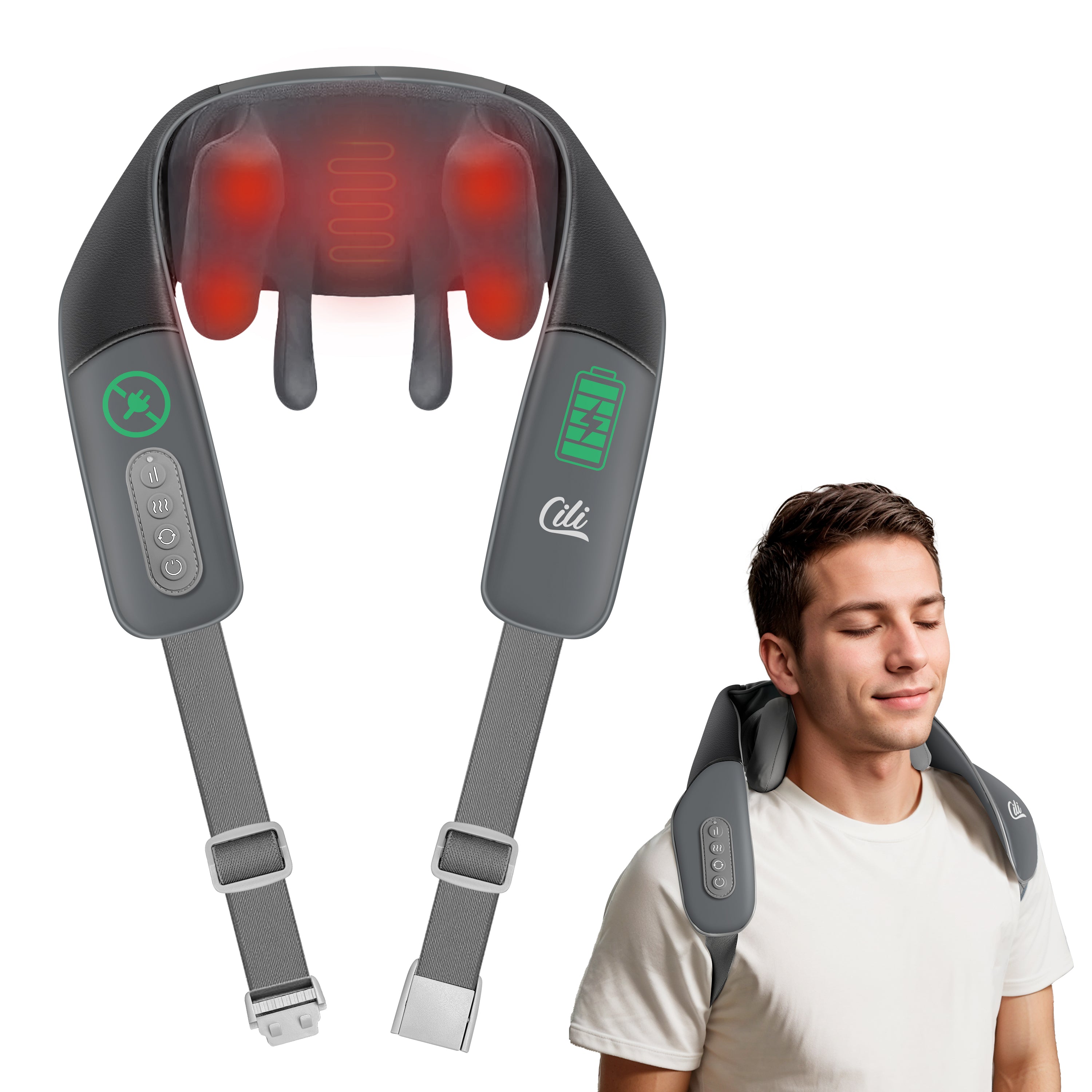 CiLi CILI Cordless Neck Massager with Heat, 4D Shiatsu Neck Shoulder Massager Deep Tissue Neck Back Massager Pillow, Wider Massage Head & More Heating Area CL-6826