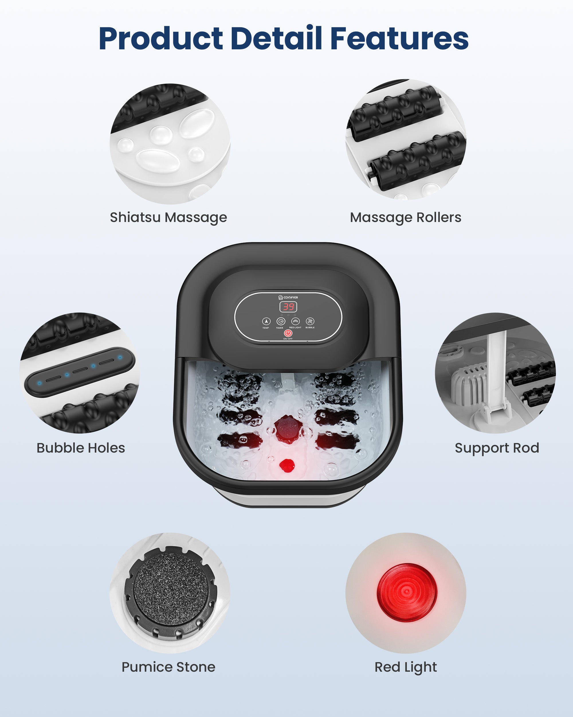 Comfier Bathroom Accessories Comfier Collapsible Foot Spa Bath Massager with Heat, Pedicure Foot Spa with Bubbles, Red Light, Pumice Stone and Shiatsu Massage Rollers, Heated Bath Spa for Relaxation and Stress Relief CF-5415