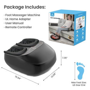 Package contents: CF-5310 foot massager machine, remote, UL adapter – ready for plantar fasciitis relief