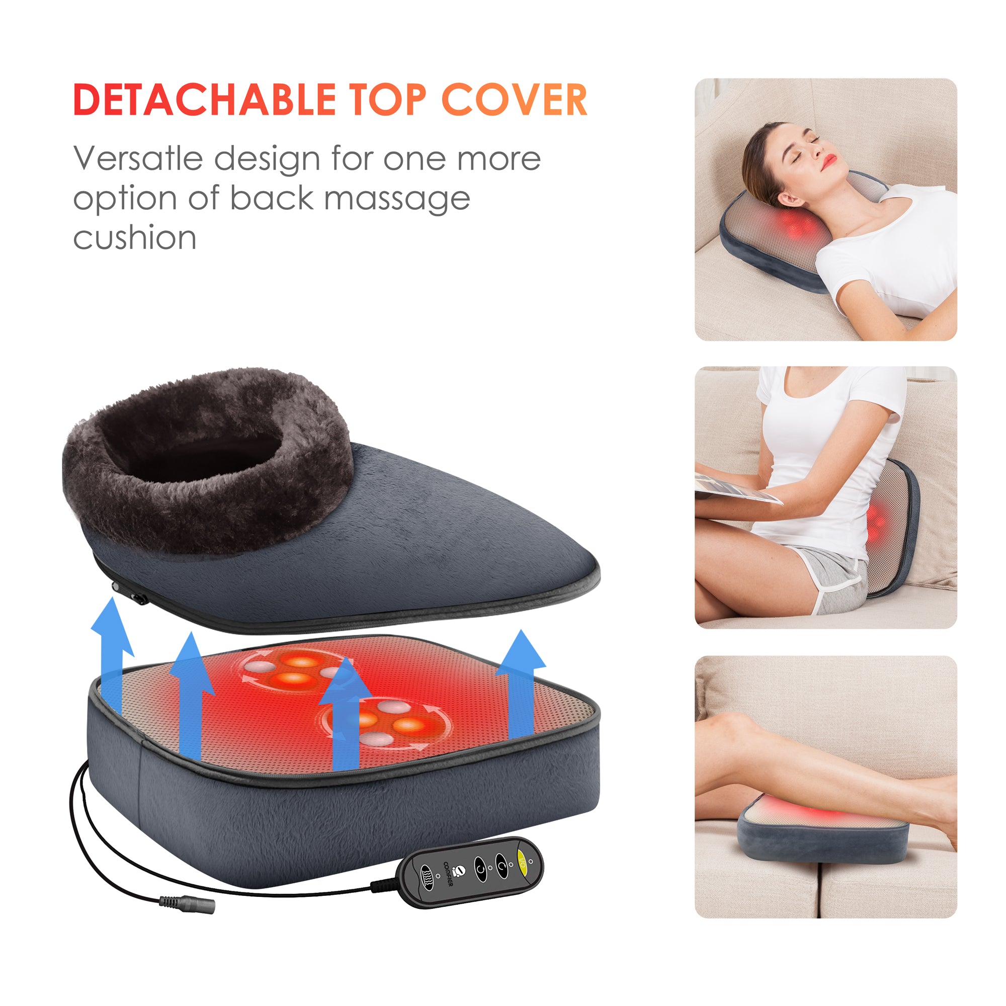 Detachable Top Cover Heated Foot Rest β Versatile Back Massage Cushion