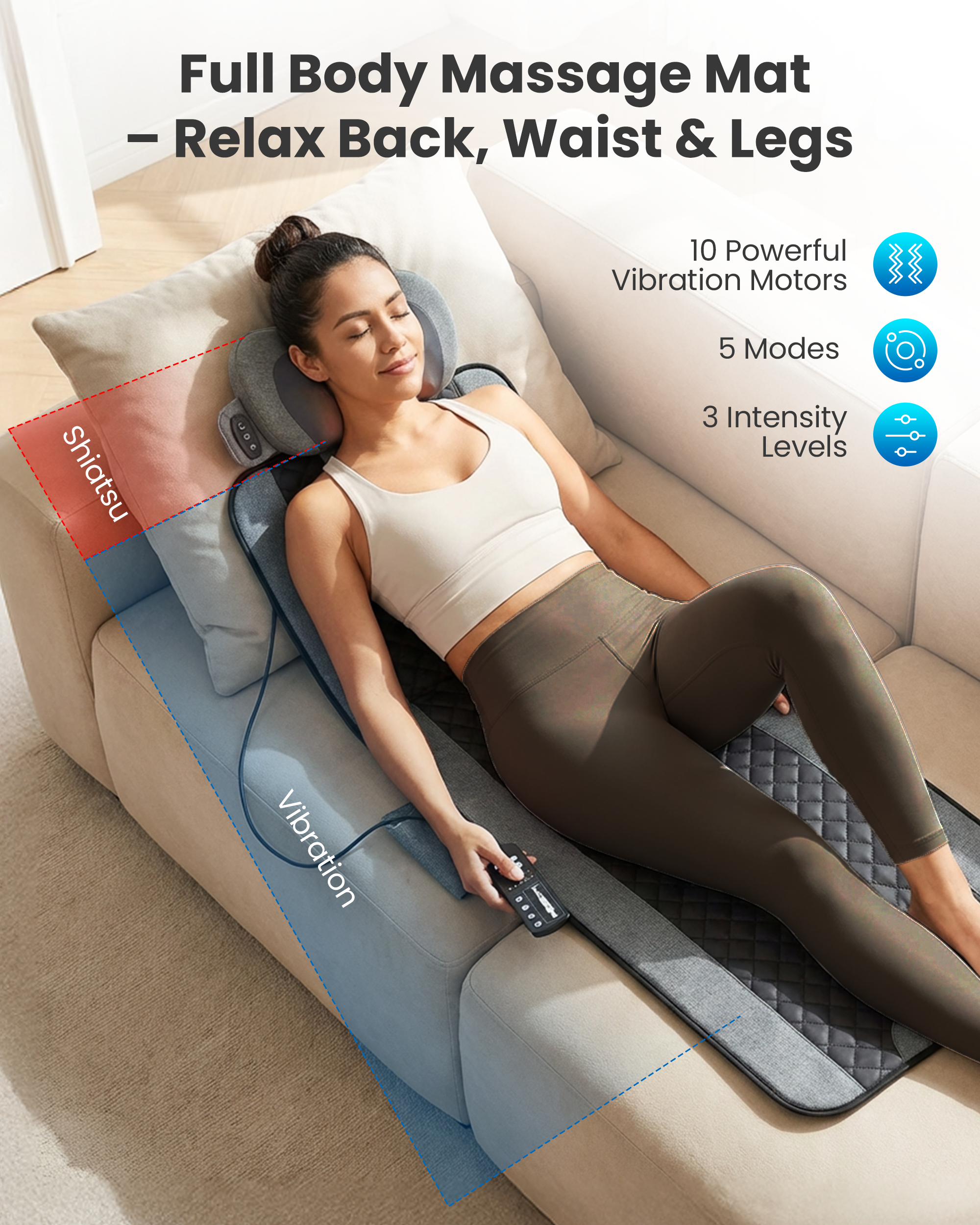 10-Motor Vibration Massage Mat with Detachable Shiatsu Neck Pillow - 3408