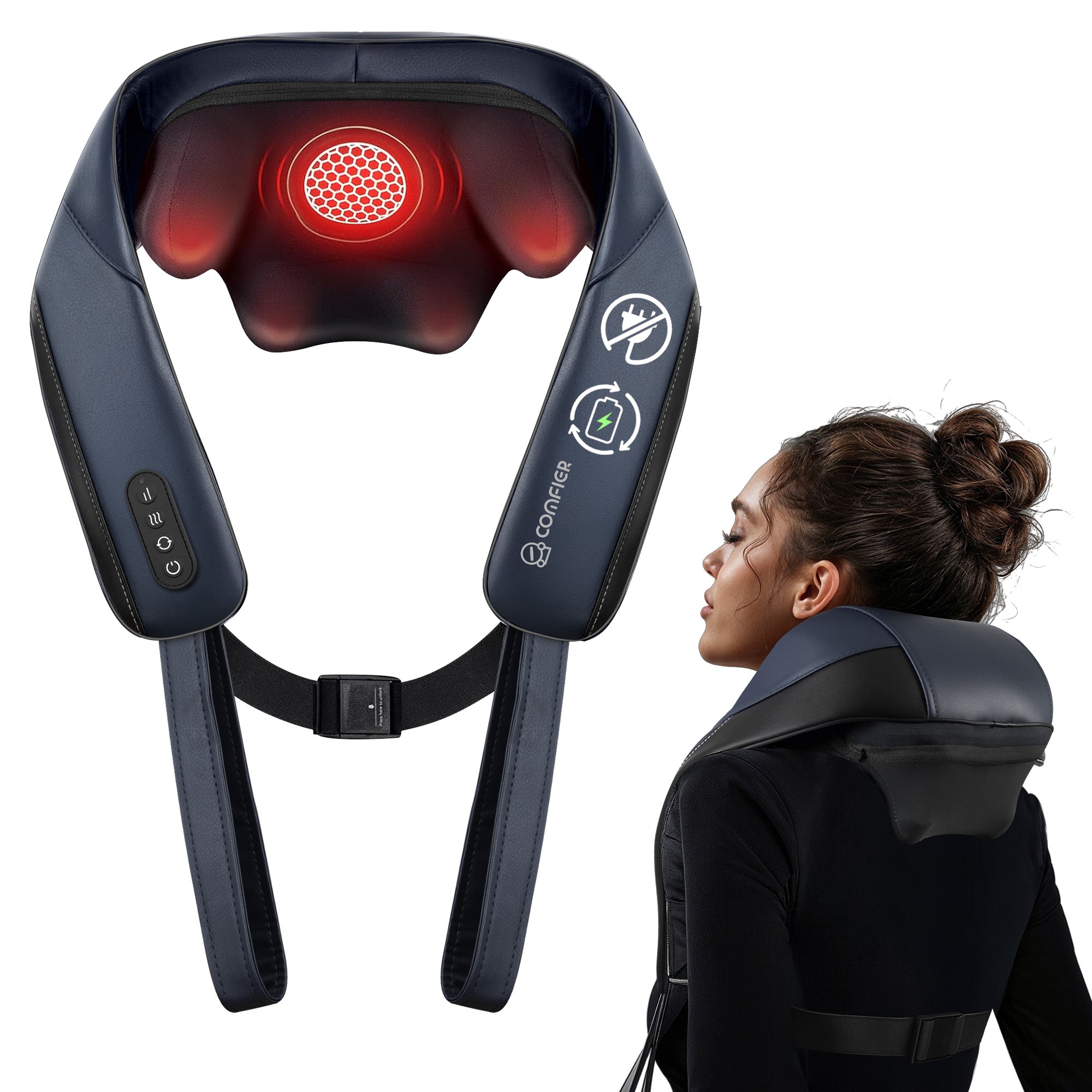 COMFEIR Shiatsu Neck Massager with Heat, Cordless Neck and Shoulder Massager for Pain Relief Deep Tissue, Rechargeable Gifts CF-6702