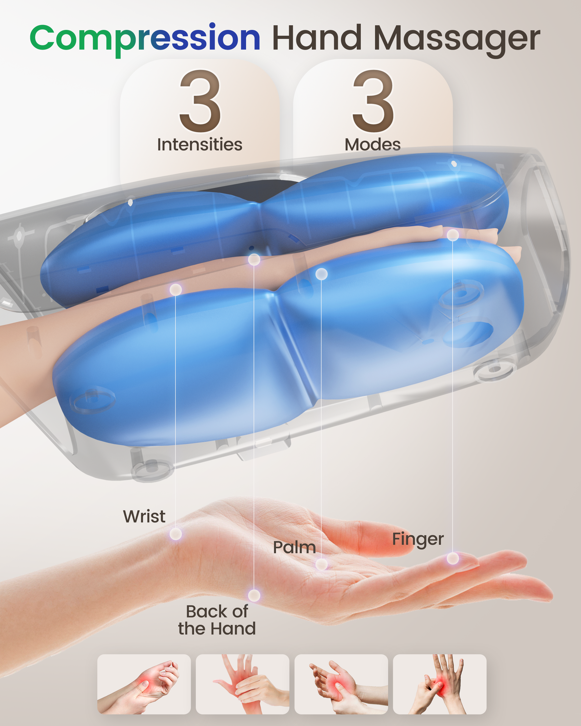 CILI Larger Size Hand Massager with Heat and Compression, USB-C Rechargeable