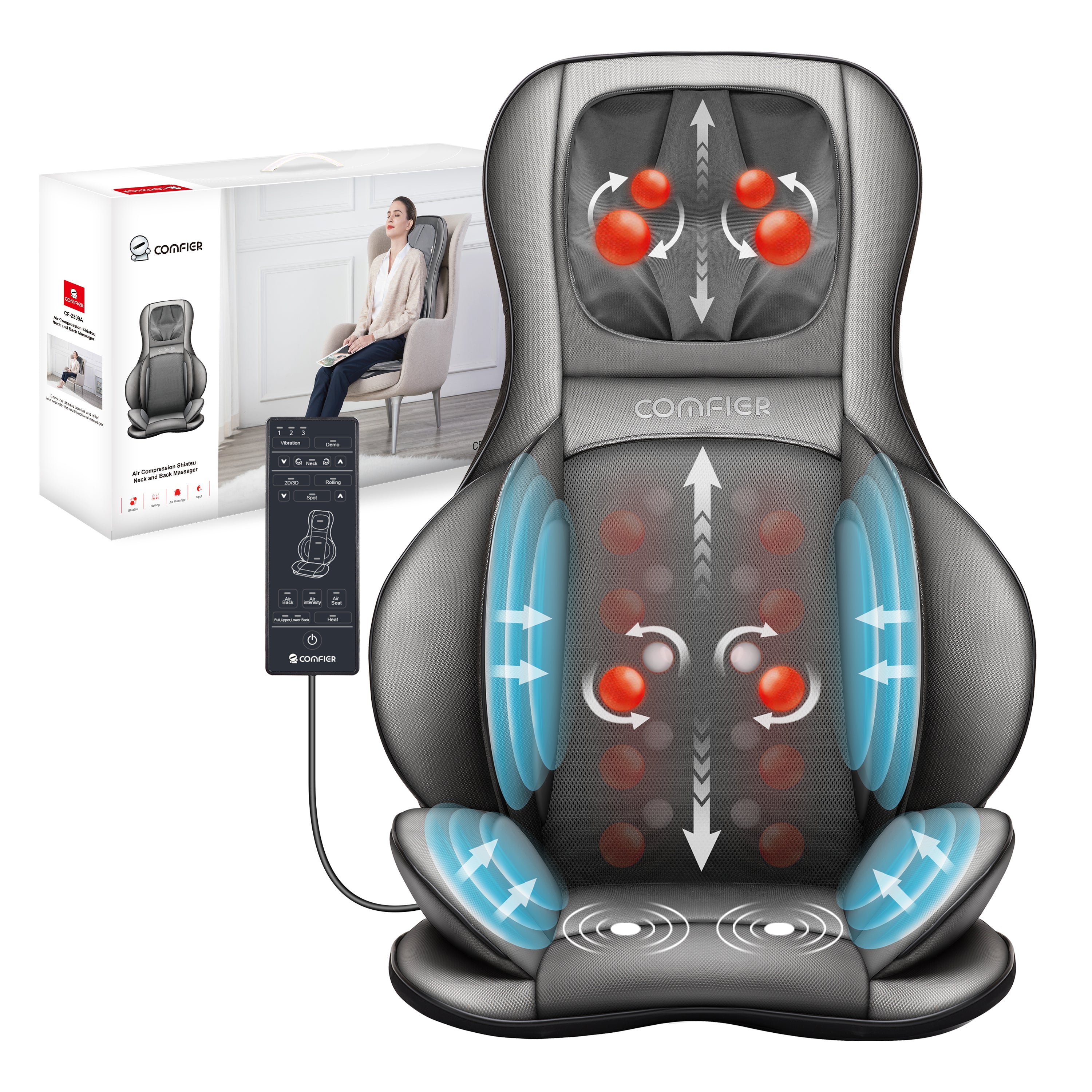 Shiatsu Neck Back Massager with Heat, 2D ro 3D Kneading Massage Chair Pad - Gray Shiatsu Neck Back Massager with Heat, 2D ro 3D Kneading Massage Chair Pad - Gray