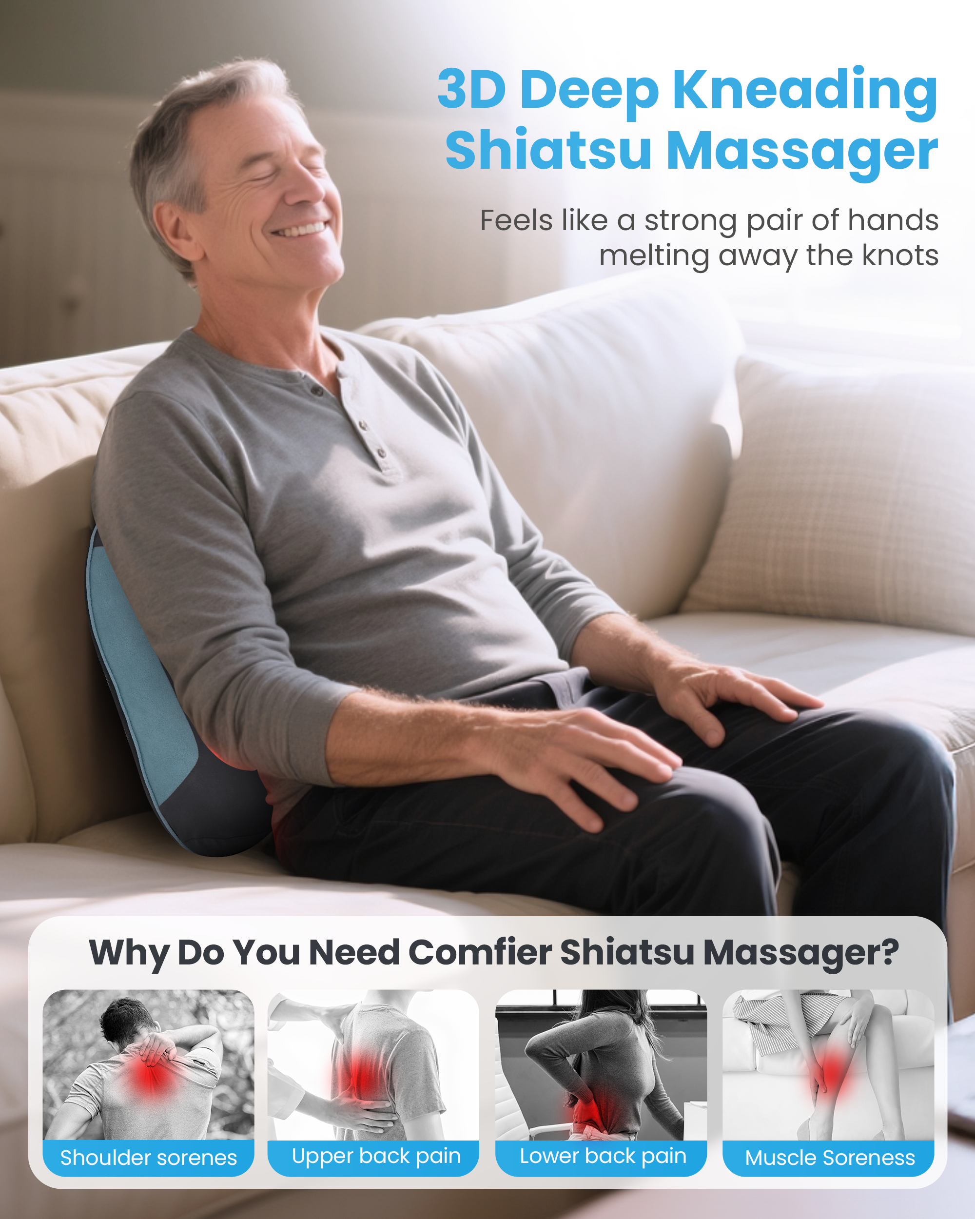 COMFIER Cordless Back Massager for Pain Relief Deep Tissue, Lower Back Massager with Heat, Shiatsu Neck and Shoulder Massage Pillow, Rechargeable & Portable for Office, Home Use CF-1508