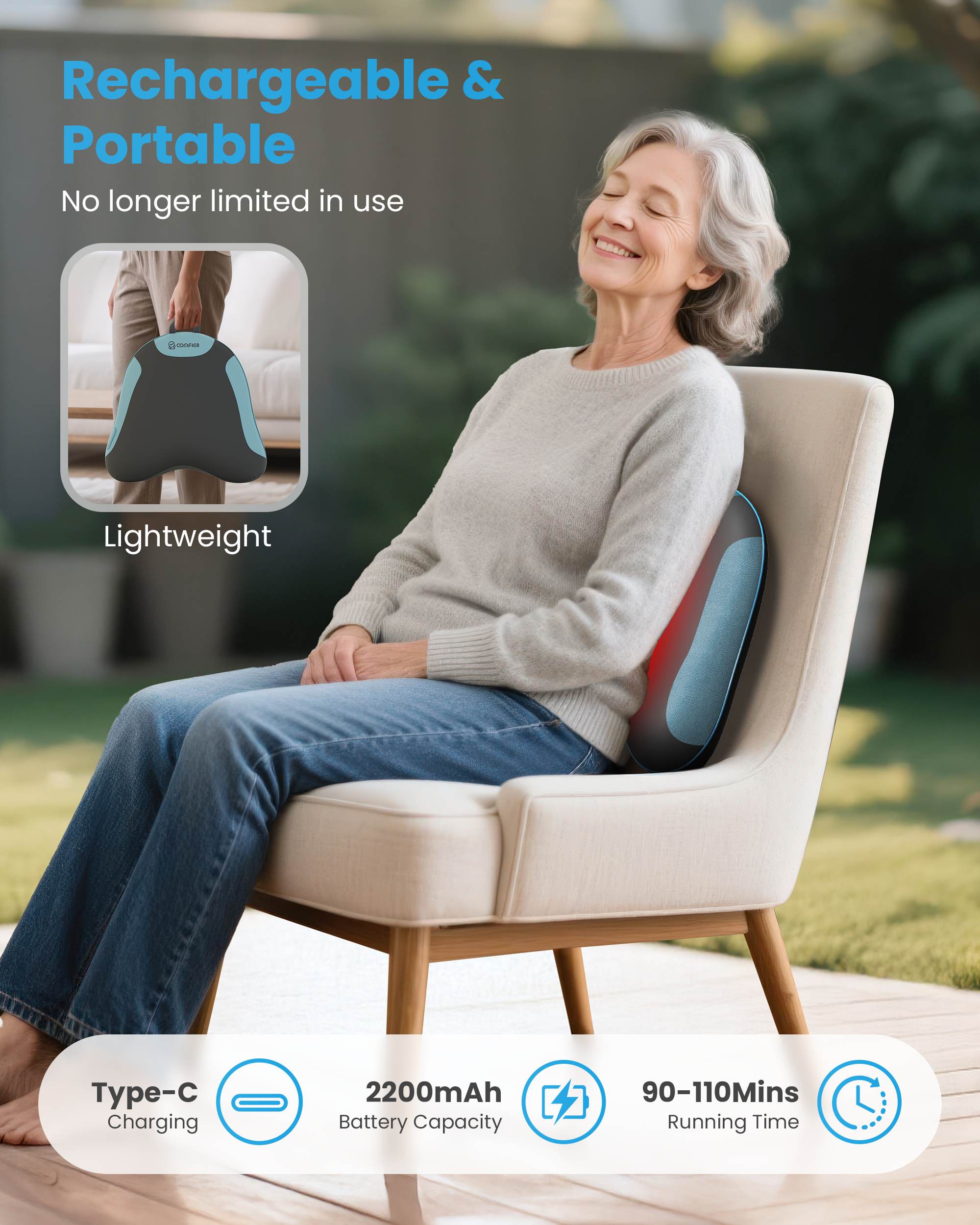 COMFIER Cordless Back Massager for Pain Relief Deep Tissue, Lower Back Massager with Heat, Shiatsu Neck and Shoulder Massage Pillow, Rechargeable & Portable for Office, Home Use CF-1508
