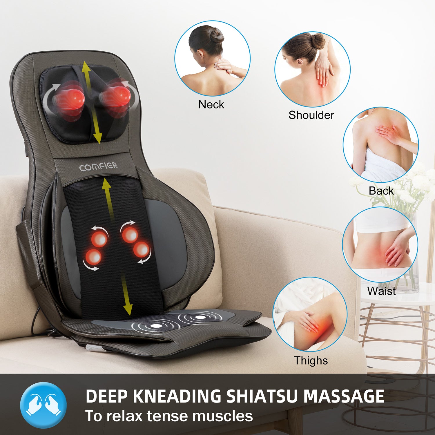 Comfier Shiatsu Neck Back Massager with APP Remote, Heating Compression Seat Cushion Massagers