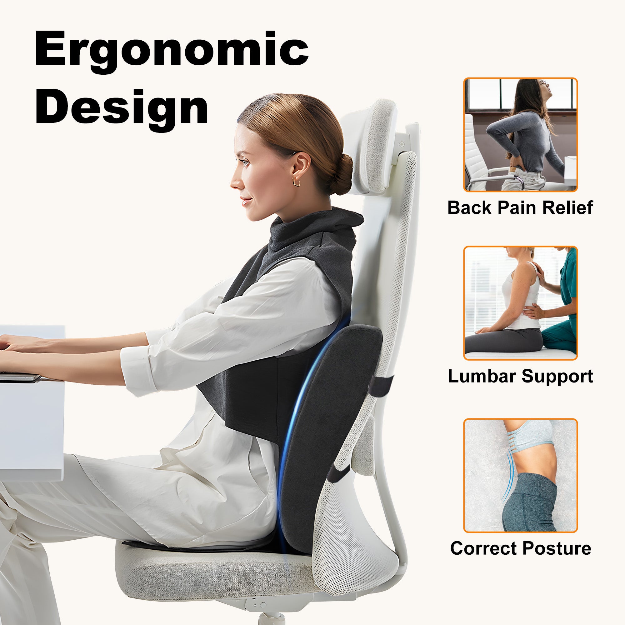 CILI Lumbar Support Pillow for Ofiice Chair, Heated Back Support Pillow with Vibration, Back Massager for Pain Relief, Back Cushion for Sofa Car Recliner, Adjustable Straps, Memory Foam CL-4102