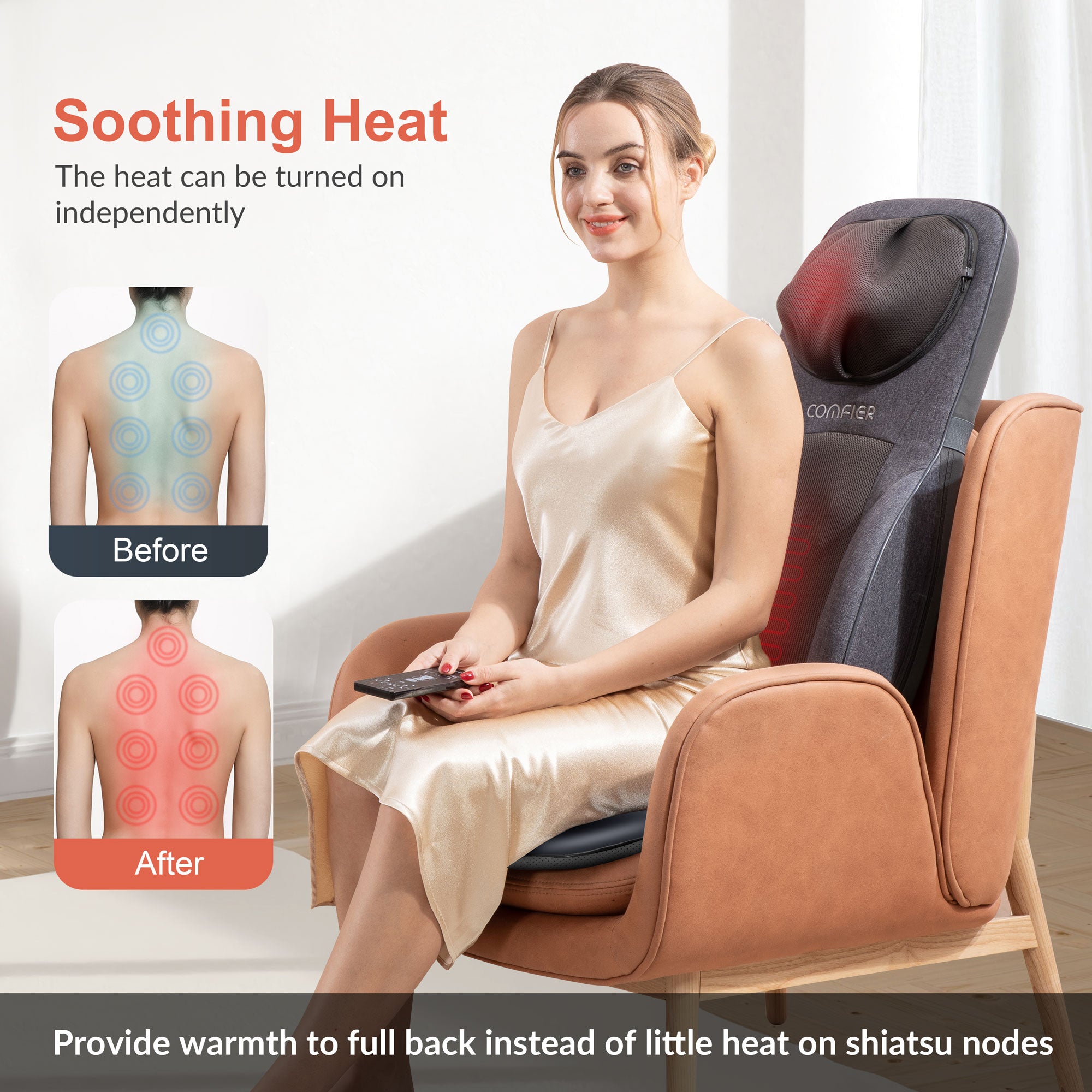 COMFIER Shiatsu Neck Back Massage Seat Cushion with Heat, Adjustable Kneading Rolling Massage Chair CF-2113