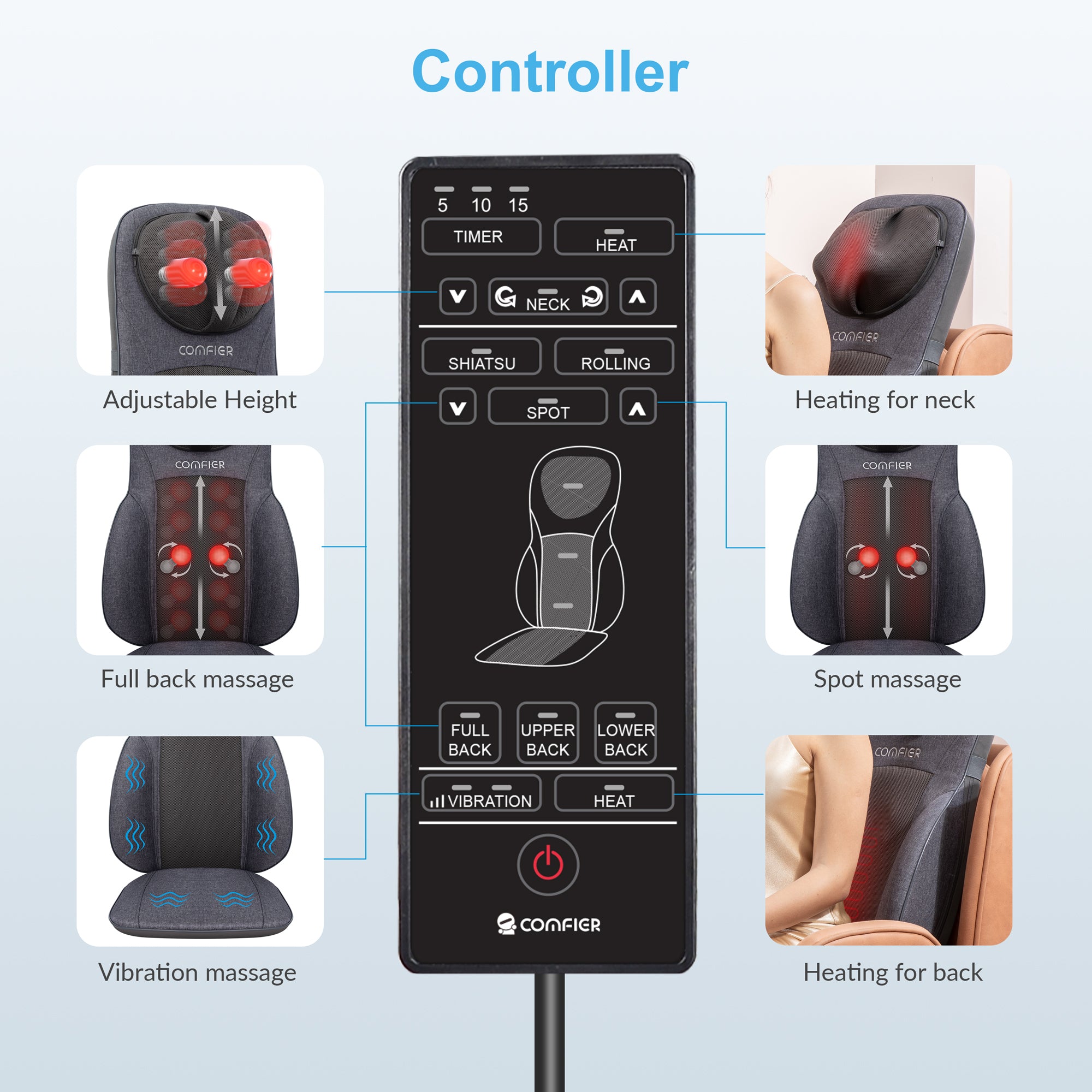COMFIER Shiatsu Neck Back Massage Seat Cushion with Heat, Adjustable Kneading Rolling Massage Chair CF-2113