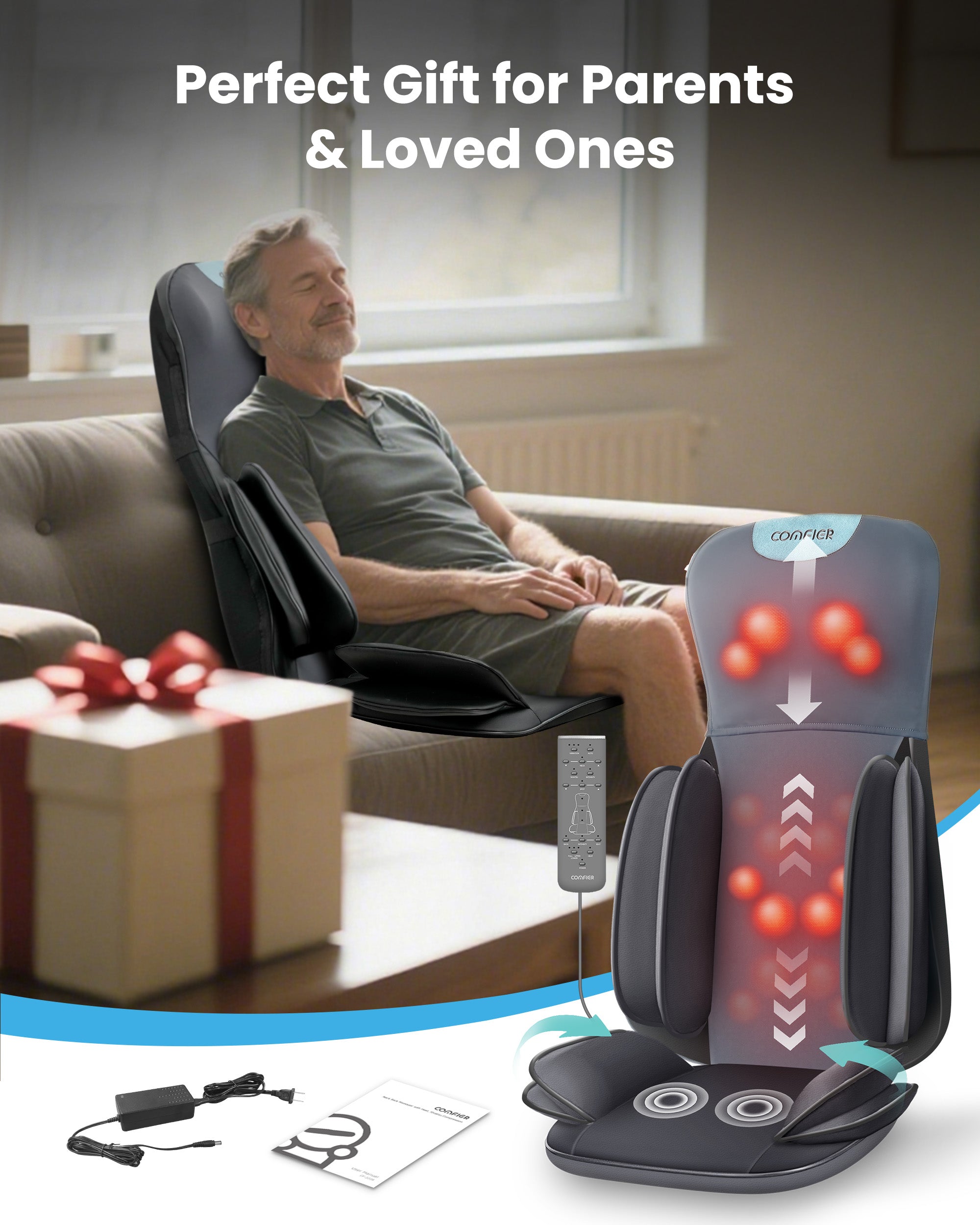 COMFIER Shiatsu Neck & Back Massager with Heat, Full Back Coverage Massage Chair Pad with 4D Kneading & Adjustable Neck Nodes, Waist & Hip Compression, for Home Office Use, Gifts for Men Women CF-2209