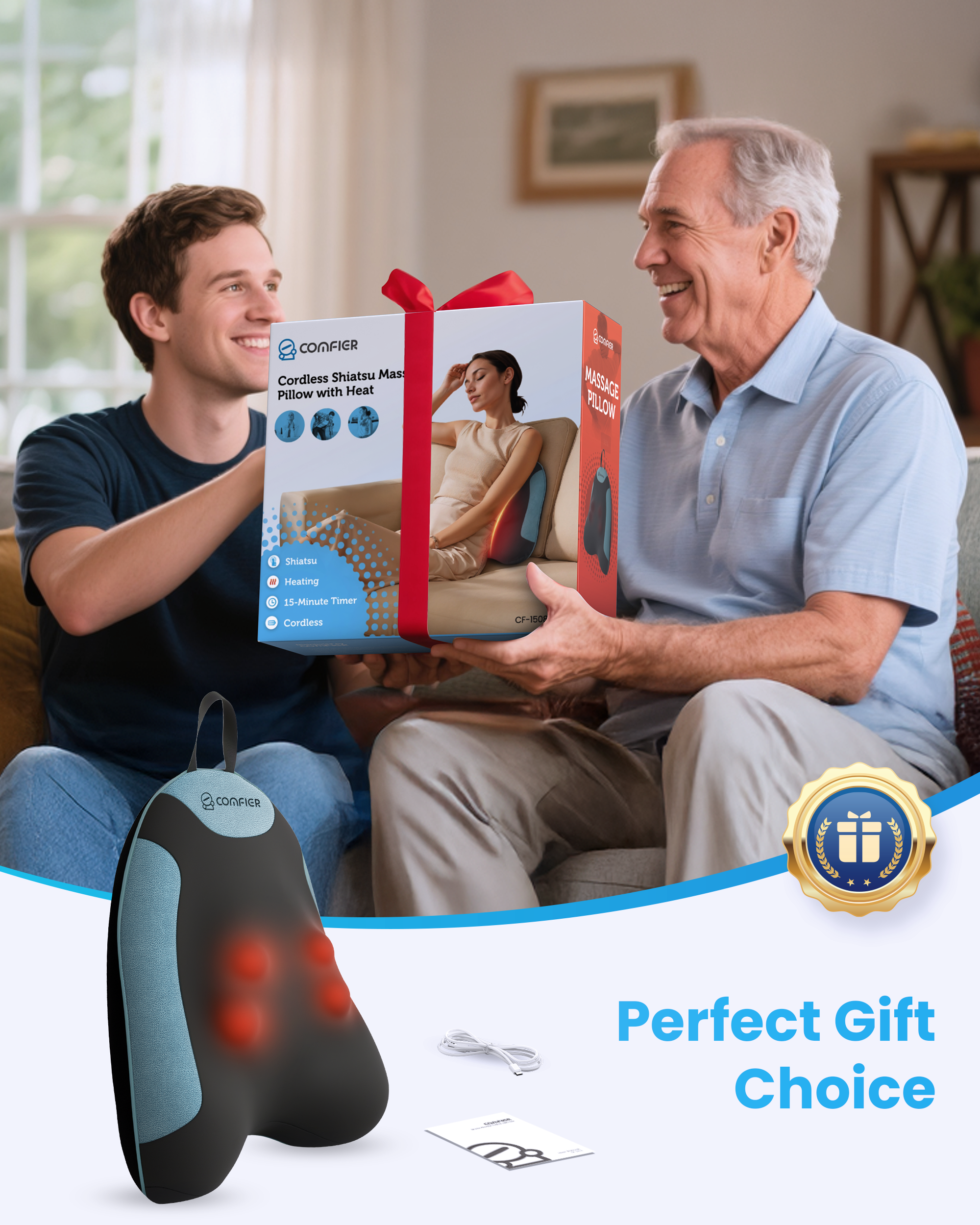 COMFIER Cordless Back Massager for Pain Relief Deep Tissue, Lower Back Massager with Heat, Shiatsu Neck and Shoulder Massage Pillow, Rechargeable & Portable for Office, Home Use CF-1508