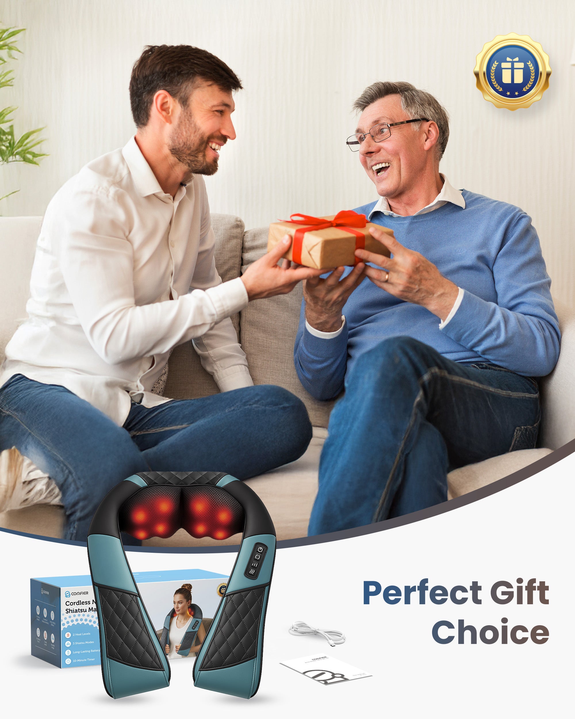 Gift-ready Comfier massage chair pad: cordless shiatsu neck and back massager with heat—perfect massage pad for chair lovers