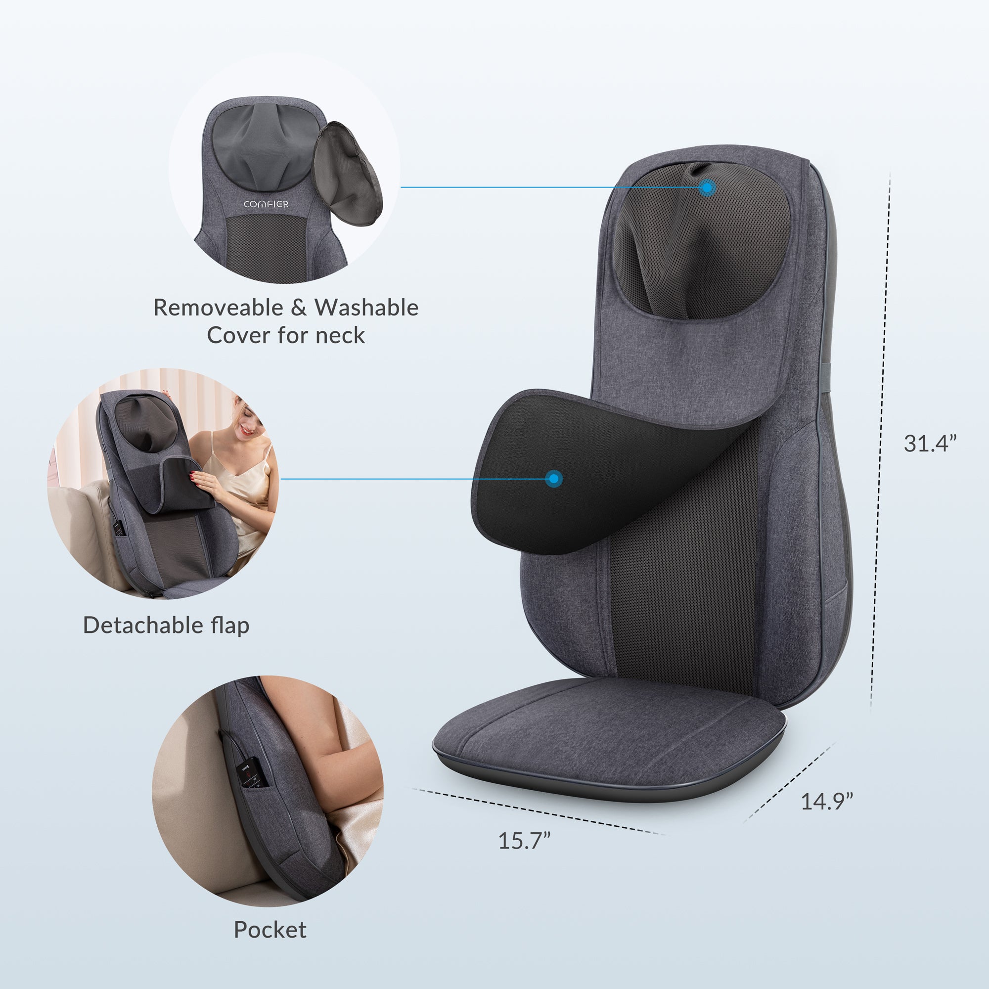COMFIER Shiatsu Neck Back Massage Seat Cushion with Heat, Adjustable Kneading Rolling Massage Chair CF-2113