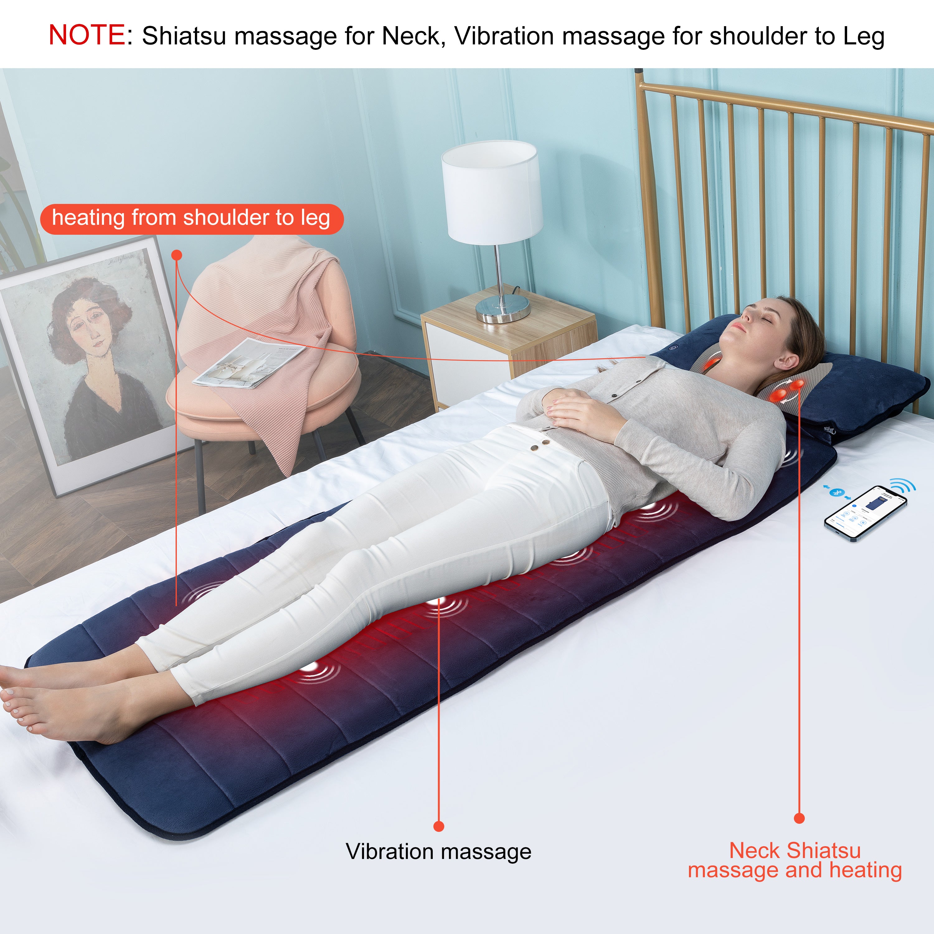 COMFIERVibrating Full Body Back Massager with Detachable Shiatsu Neck Massage Pillow, Massager Mat with APP CF-3603U-APP
