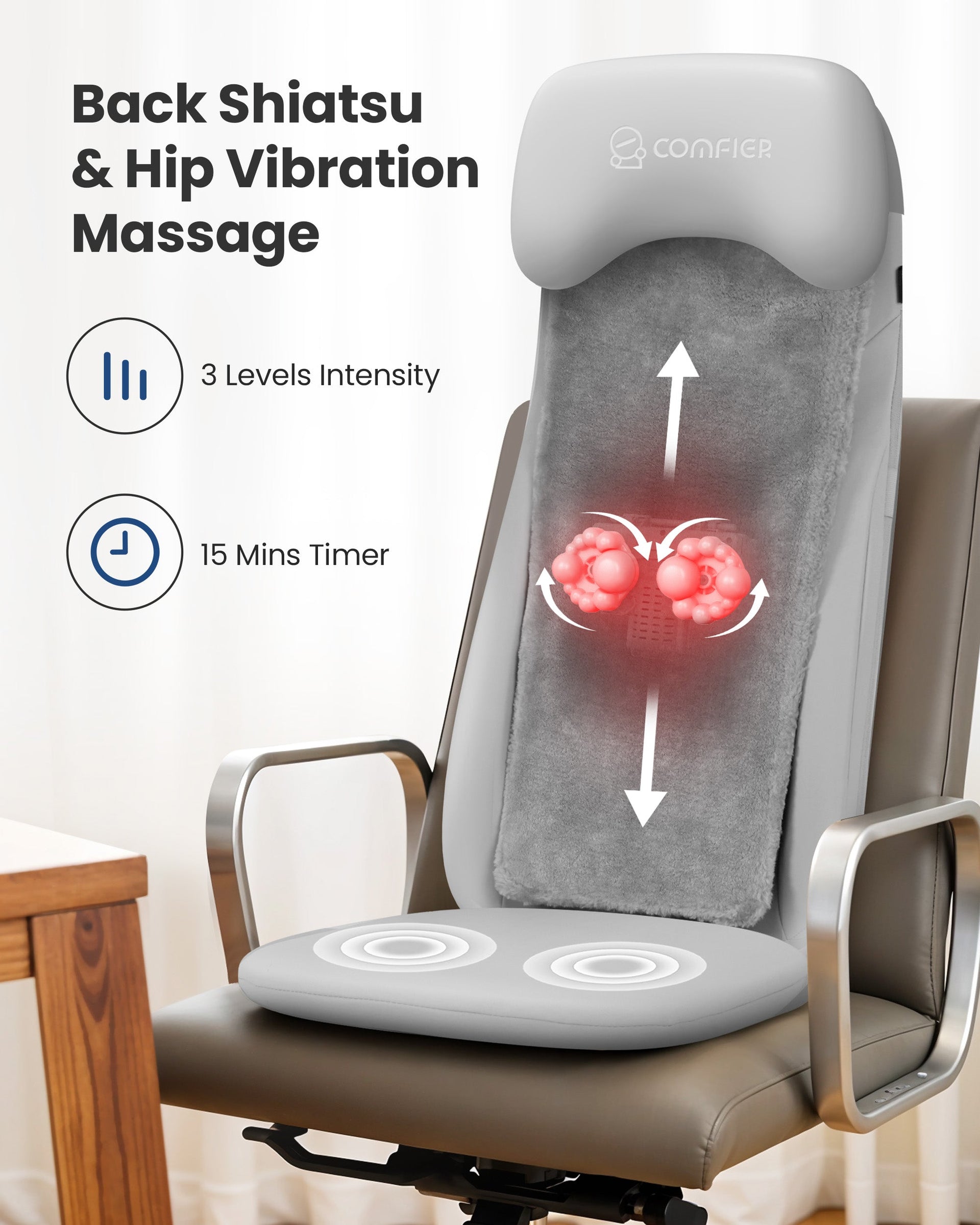 Comfier Back Massager Comfier Shiatsu Back Massager with Heat, Deep Tissue Kneading Chair Massager with Vibration, 2D/3D Shiatu Massage Seat Cushion, Full Back Massage Chair Pad CF-2311
