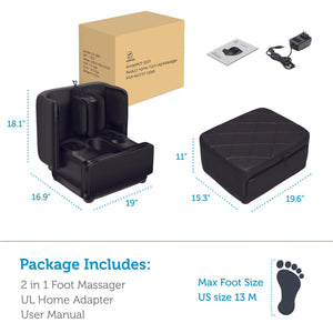 Package shot: Comfier 2 in 1 Foot Massager, UL adapter, manual – fits up to US men’s size 13