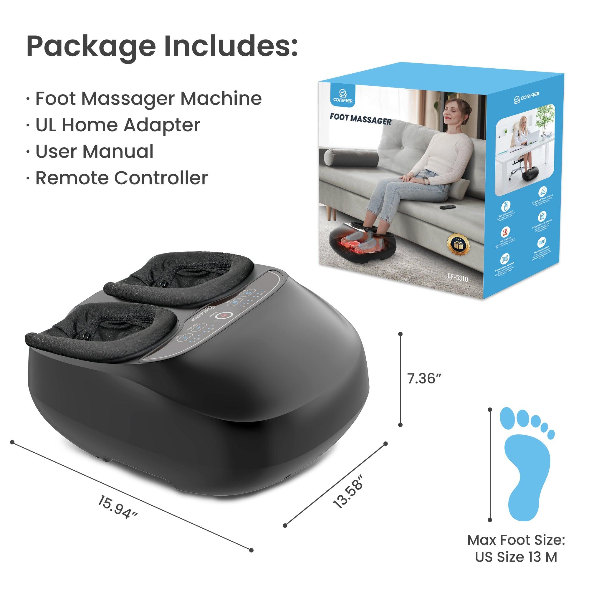 Package contents: CF-5310 foot massager machine, remote, UL adapter – ready for plantar fasciitis relief