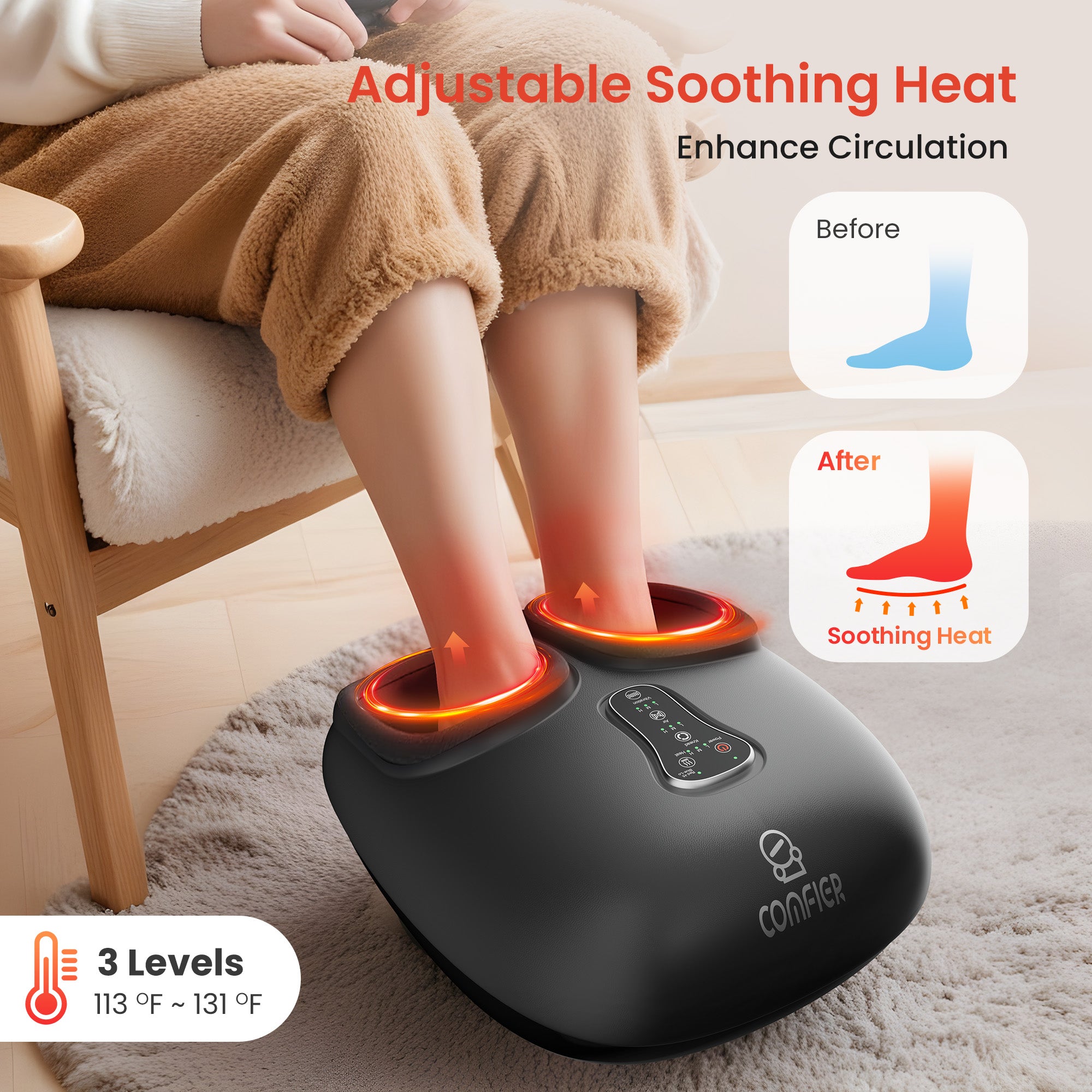 Comfier Foot Massager Comfier Shiatsu Foot Massager with Remote Control, Pause Function, Heat, Compression, Vibration for Neuropathy, Plantar Fasciitis, Size 13 CF-5212RC