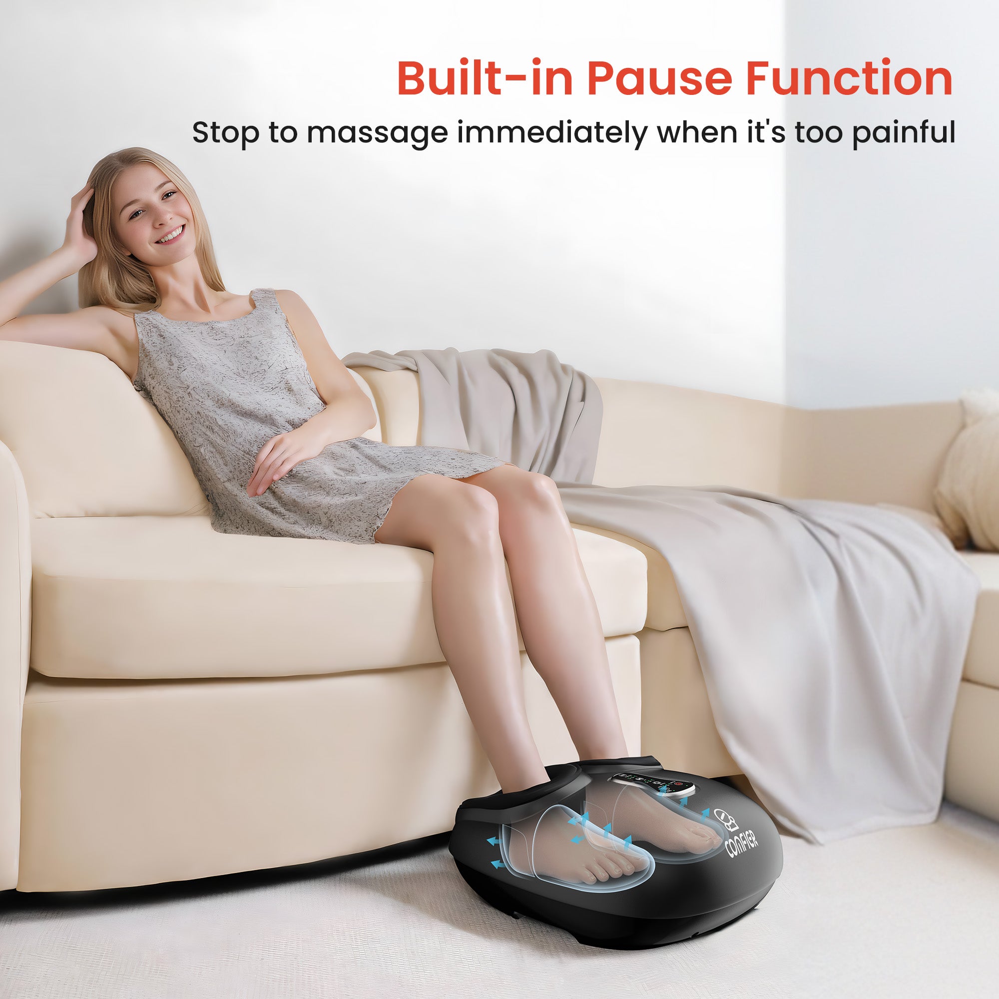 Built-in pause button on this foot massager for plantar fasciitis lets you stop instantly if pressure feels too intense