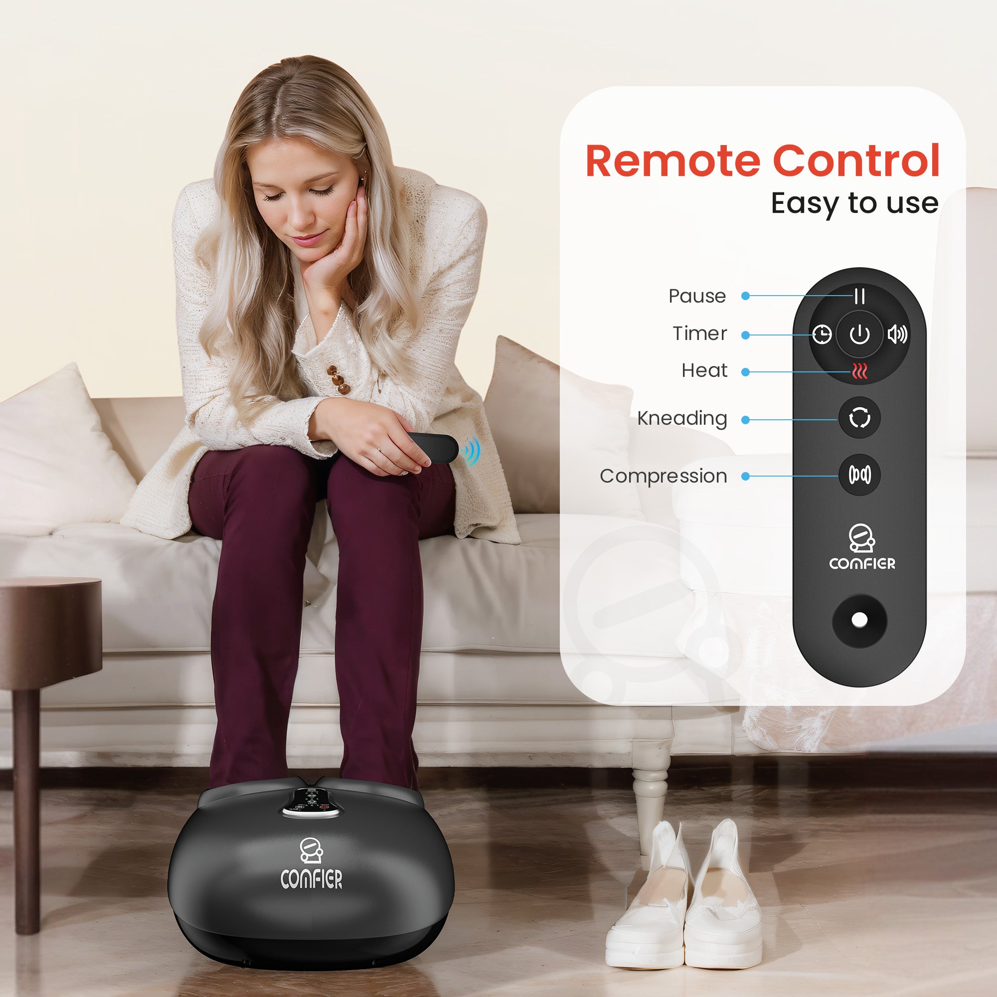 Comfier Foot Massager Comfier Shiatsu Foot Massager with Remote Control, Pause Function, Heat, Compression, Vibration for Neuropathy, Plantar Fasciitis, Size 13 CF-5212RC