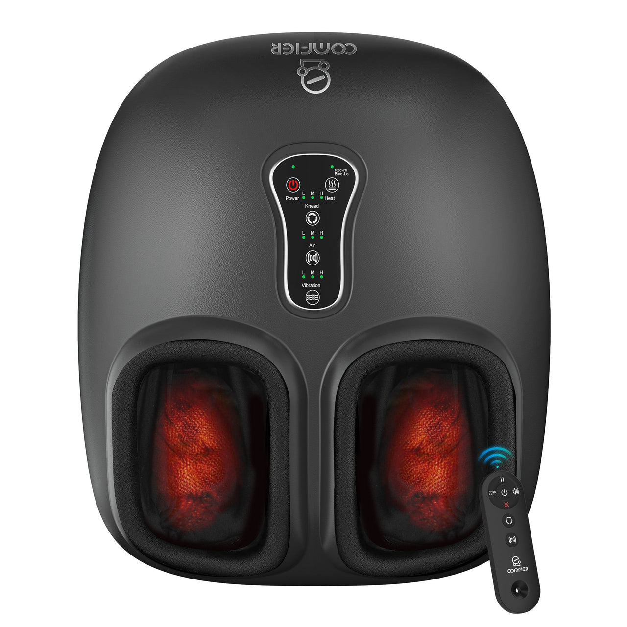 Touch panel on Comfier foot massager with heater lets you power on/off kneading, air compression & vibrating foot massager modes