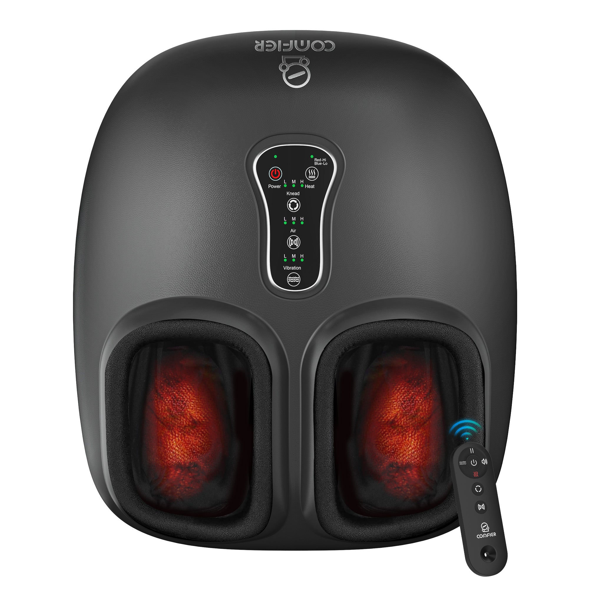 Touch panel on Comfier foot massager with heater lets you power on/off kneading, air compression & vibrating foot massager modes
