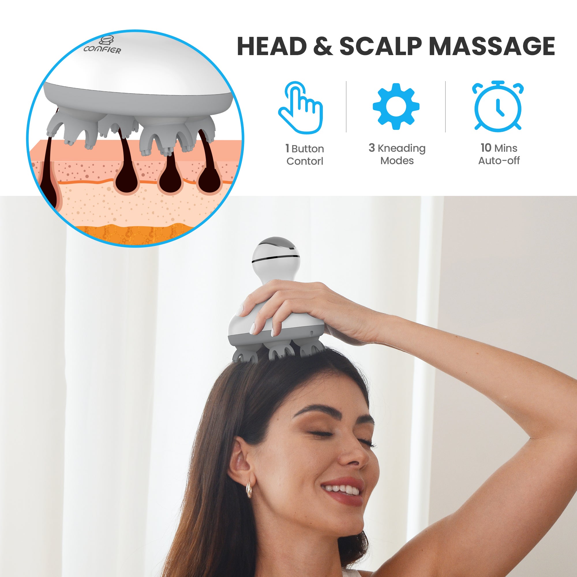 Comfier Head Massager Comfier Electric Scalp Massager Hair Growth, Cordless Head Massager Scalp Stress Relax, Waterproof Handheld Hair Scratcher with 84 Silicone Nodes CF-4902N