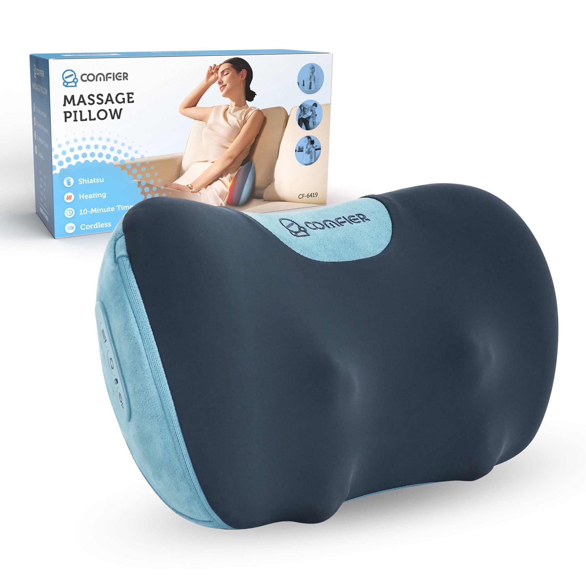 Comfier Lumbar Support & Massager Comfier Update Shiatsu Neck and Back Massager with Heat, Massage Pillow for Chair with 3D Kneading Deep Tissue,Muscle Pain Relief on Shoulders, Legs, Foot CF-6419