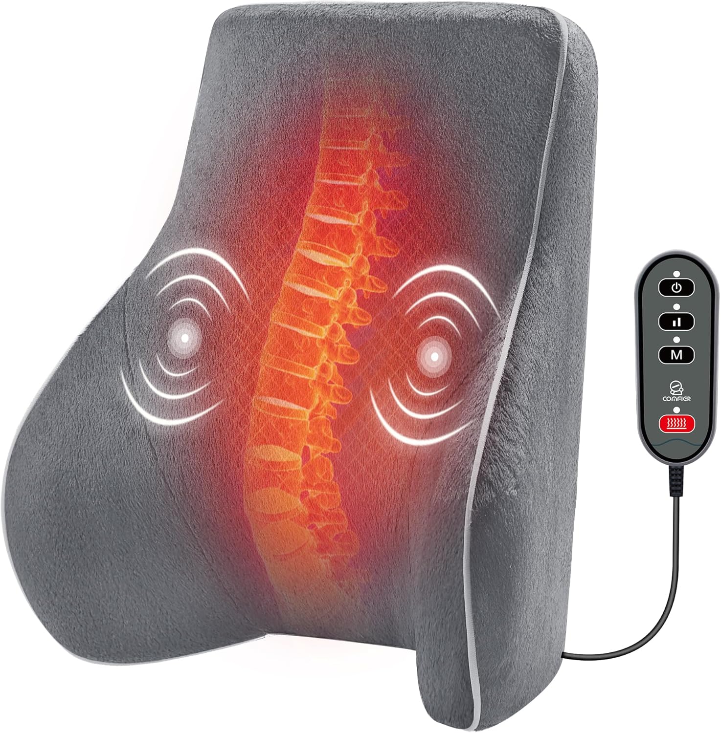 Comfier Lumbar Support & Massager Gray Comfier Back Lumbar Support Pillow for Office Chair, Chair Pillow for Back Support with 3 Vibration Modes & 2 Heat Levels CF-1503