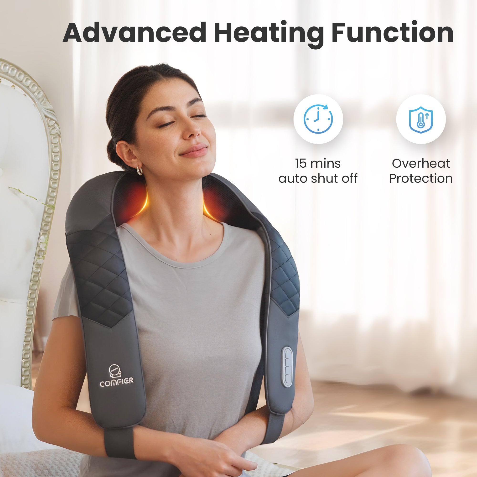 Advanced heating + 15-min auto shut-off safety in the best neck and shoulder massager