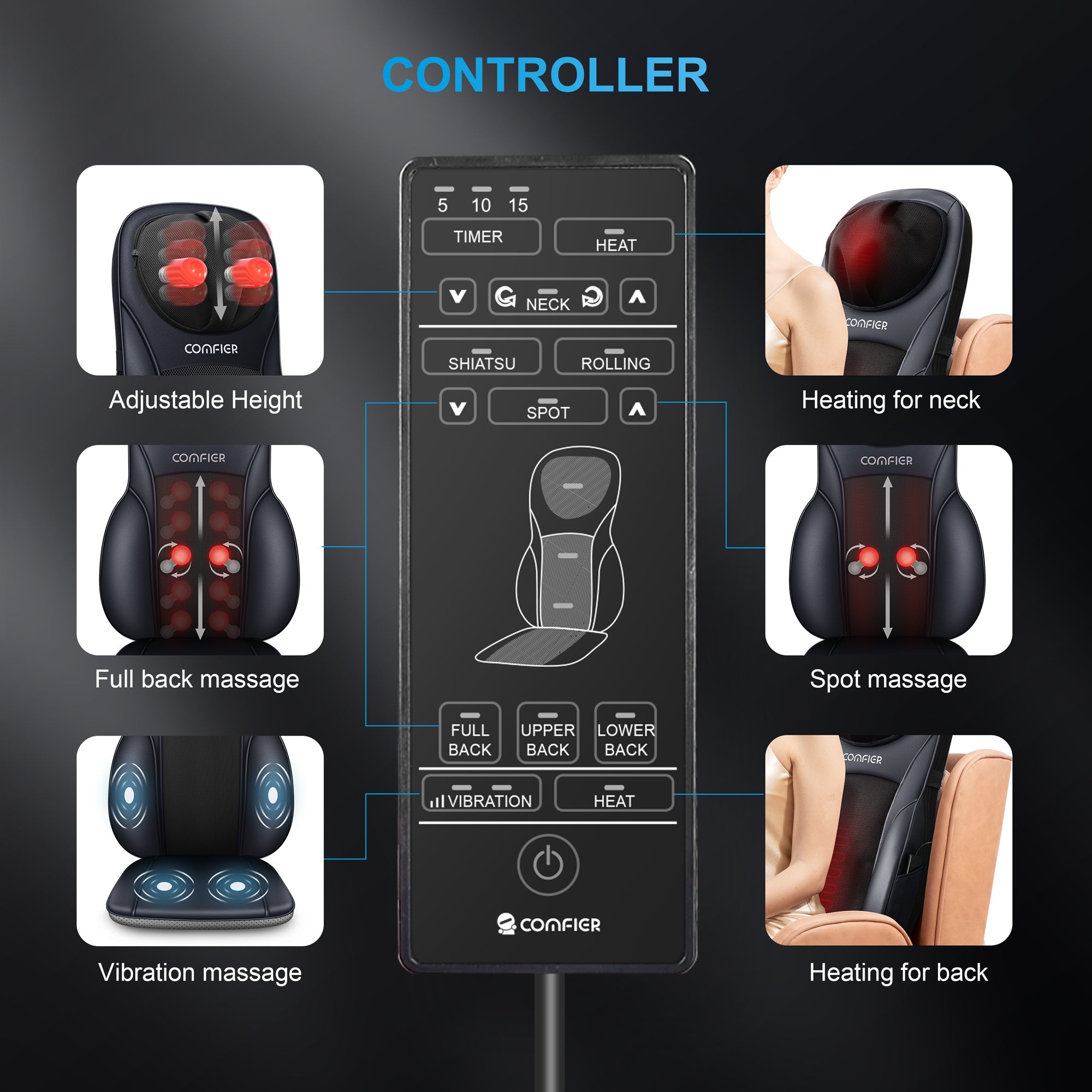 COMFIER Shiatsu Neck&Back Massager APP Control,Massagers for Neck and Back with Heat (Blue) --CF-2113B-APP