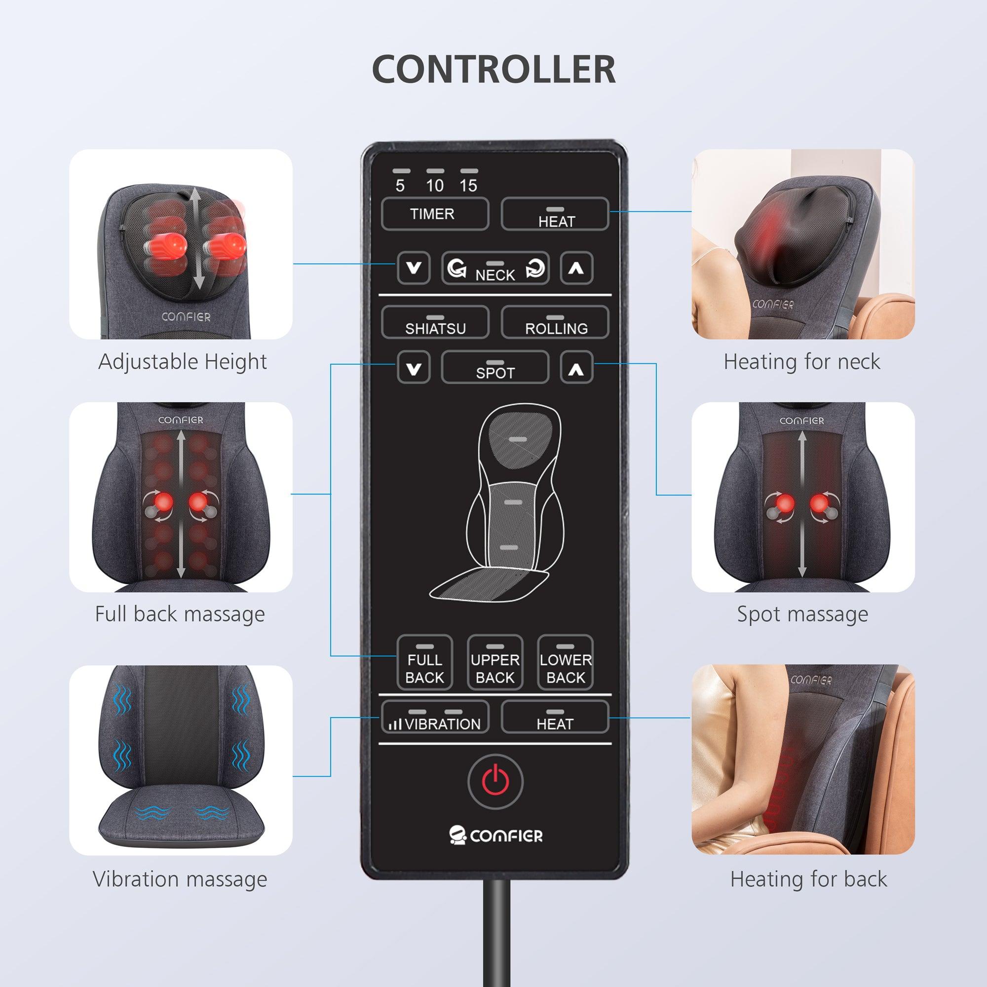 Comfier Back Massager Comfier Shiatsu Neck Back Massage Seat Cushion with Heat,Adjustable Kneading Rolling Massage Chair CF-2113