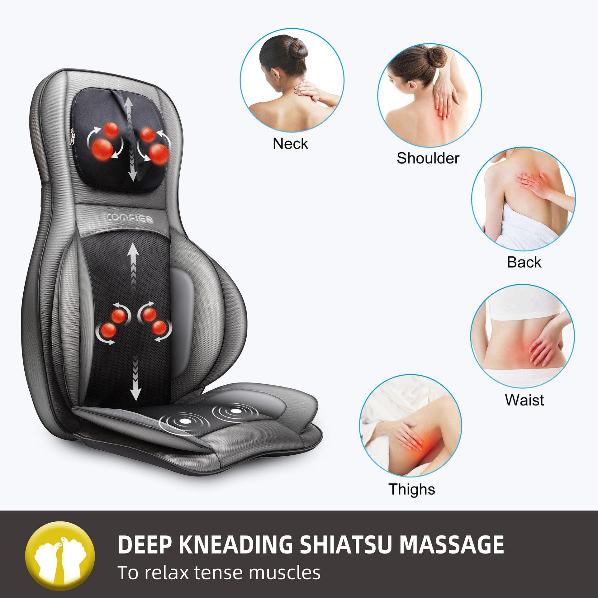 Comfier Back Massager Comfier Shiatsu Neck & Back Massager, 2D/3D Kneading Massage Chair Pad, APP Remote 2309-APP