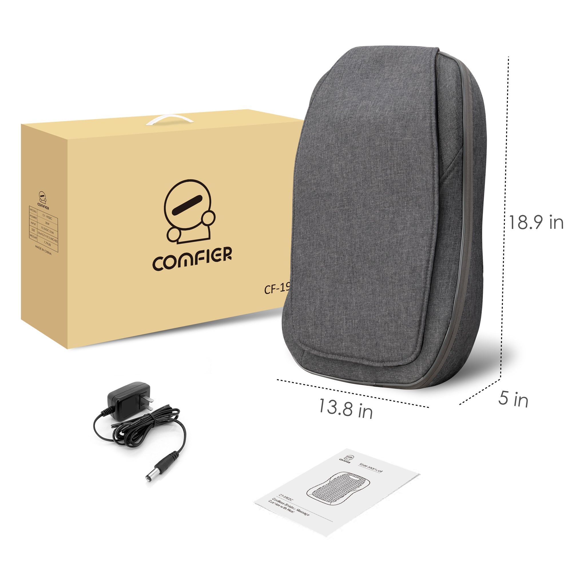 Comfier Lumbar Support & Massager Comfier Cordless Back Massager with Heat, Rechargeable Shiatsu Massage Chair Pad CF-1902C-CA